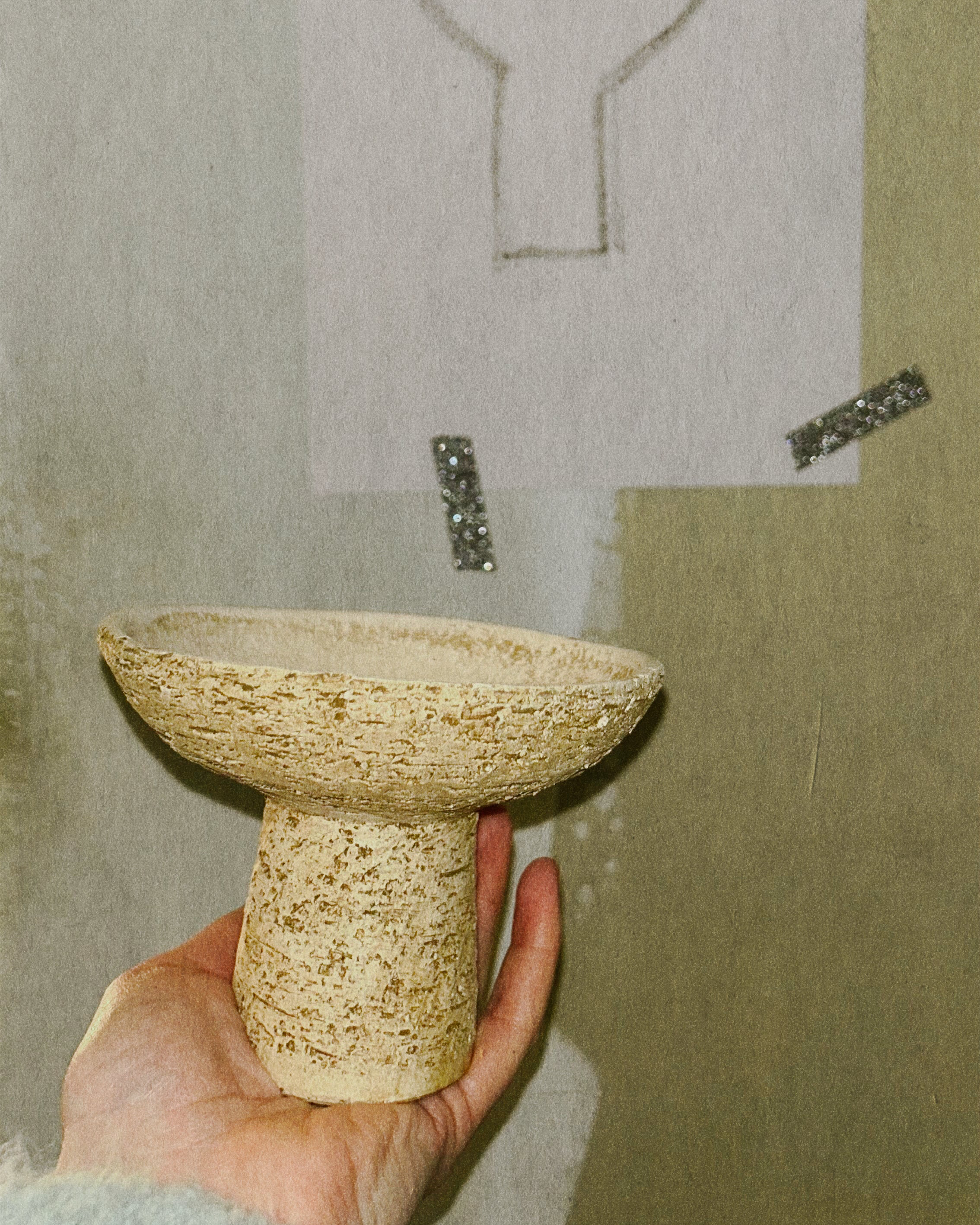 Small Textured Vintage Stoneware Pedestal Bowl