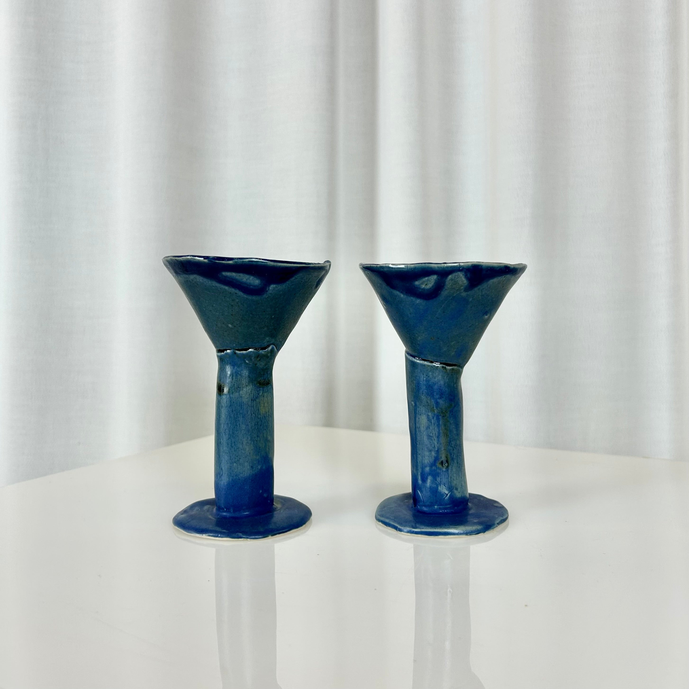 Set of two vintage handmade ceramic stem glasses