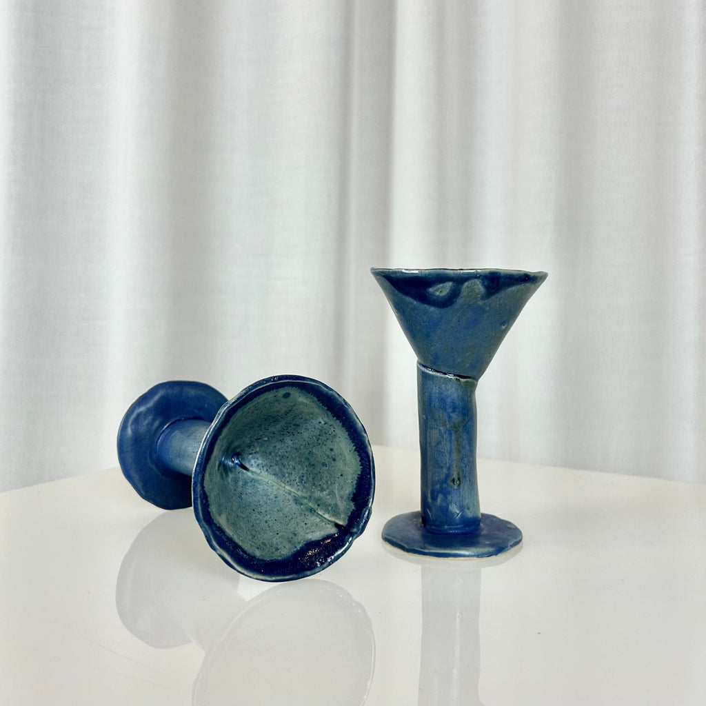 Set of two vintage handmade ceramic stem glasses