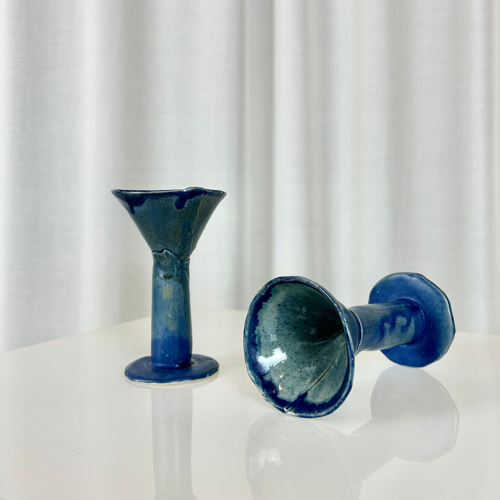 Set of two vintage handmade ceramic stem glasses