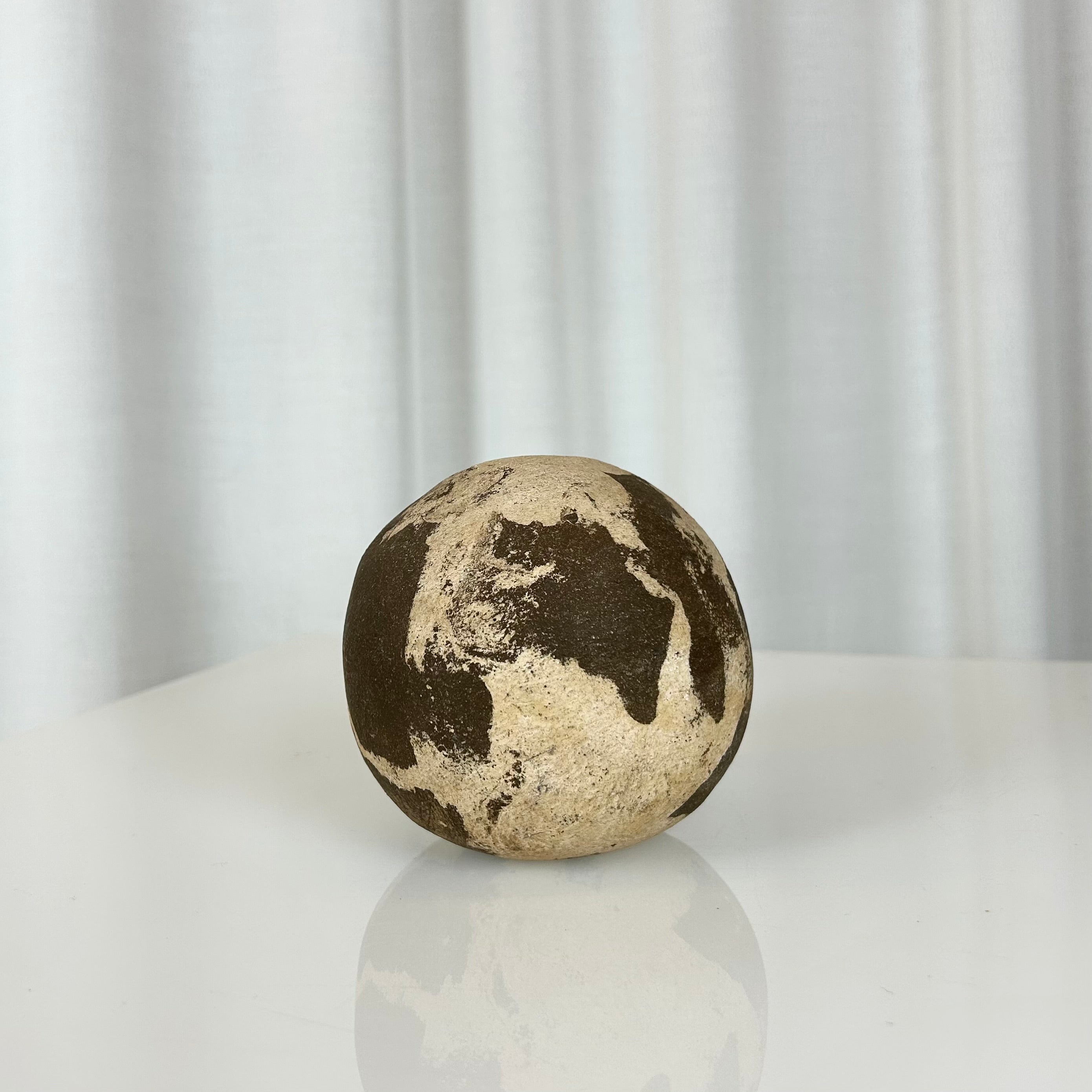 Vintage ceramic earth sphere from the 1970s with brown and beige glaze, decorative sculptural object with three small holes underneath
