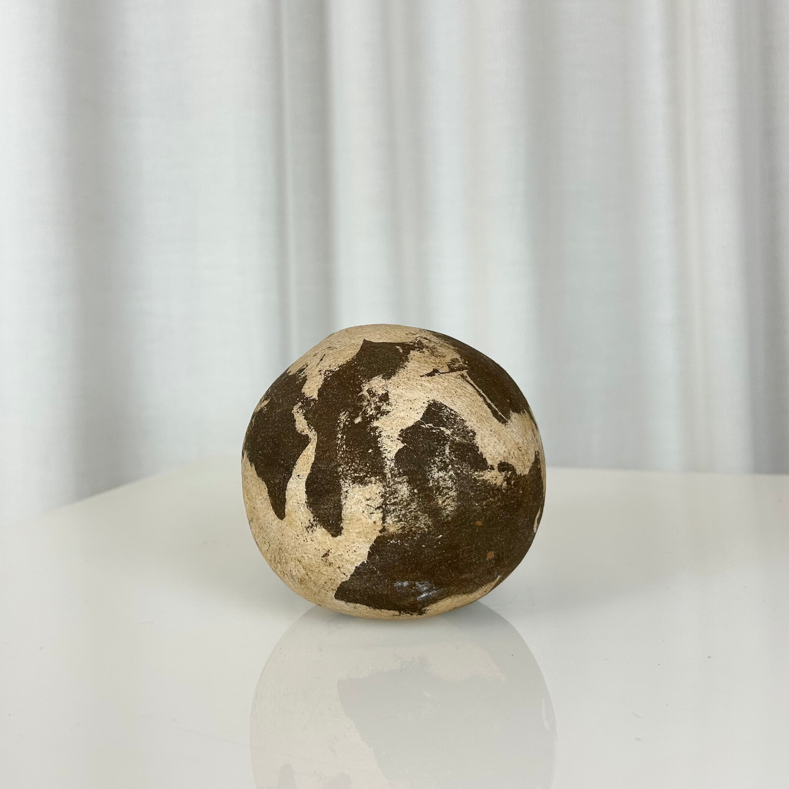  Vintage ceramic earth sphere from the 1970s with brown and beige glaze, decorative sculptural object with three small holes underneath