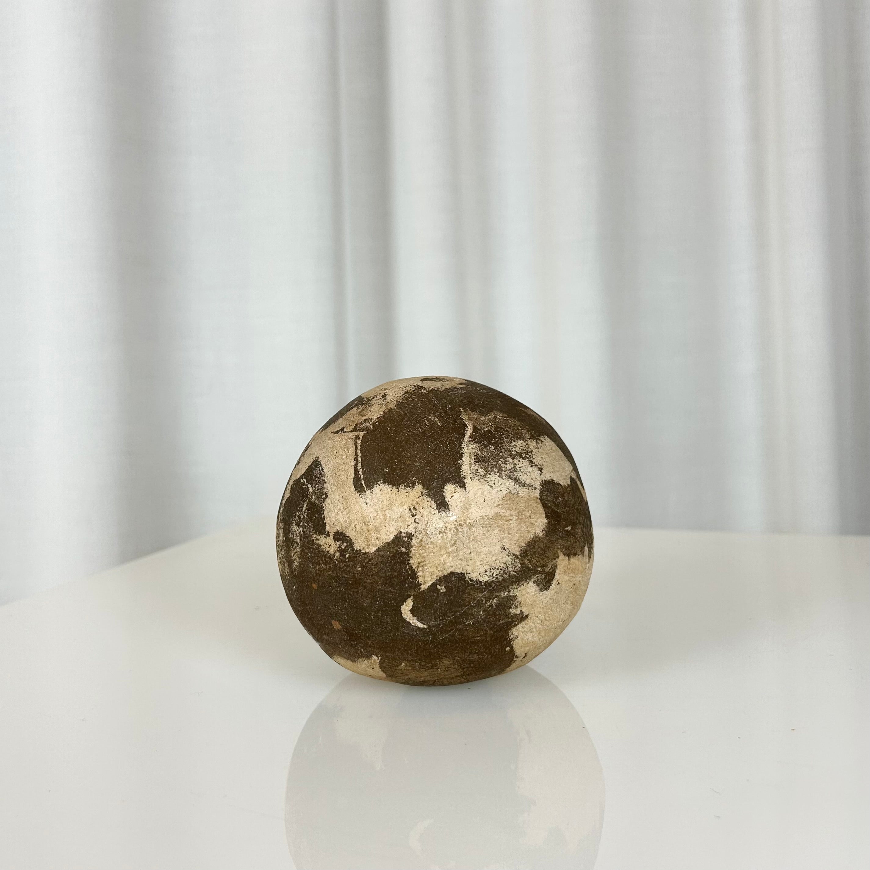  Vintage ceramic earth sphere from the 1970s with brown and beige glaze, decorative sculptural object with three small holes underneath