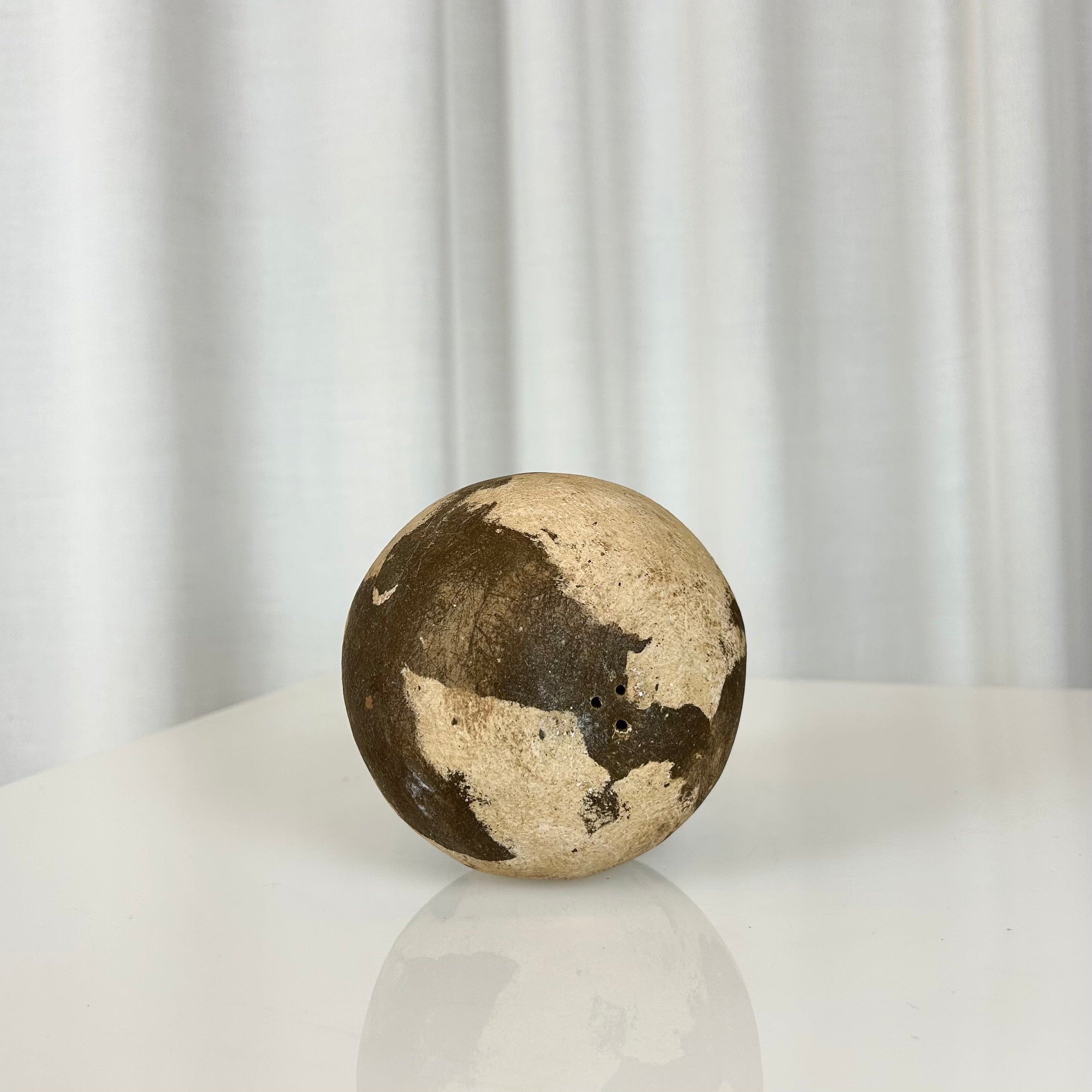 Vintage ceramic earth sphere from the 1970s with brown and beige glaze, decorative sculptural object with three small holes underneath