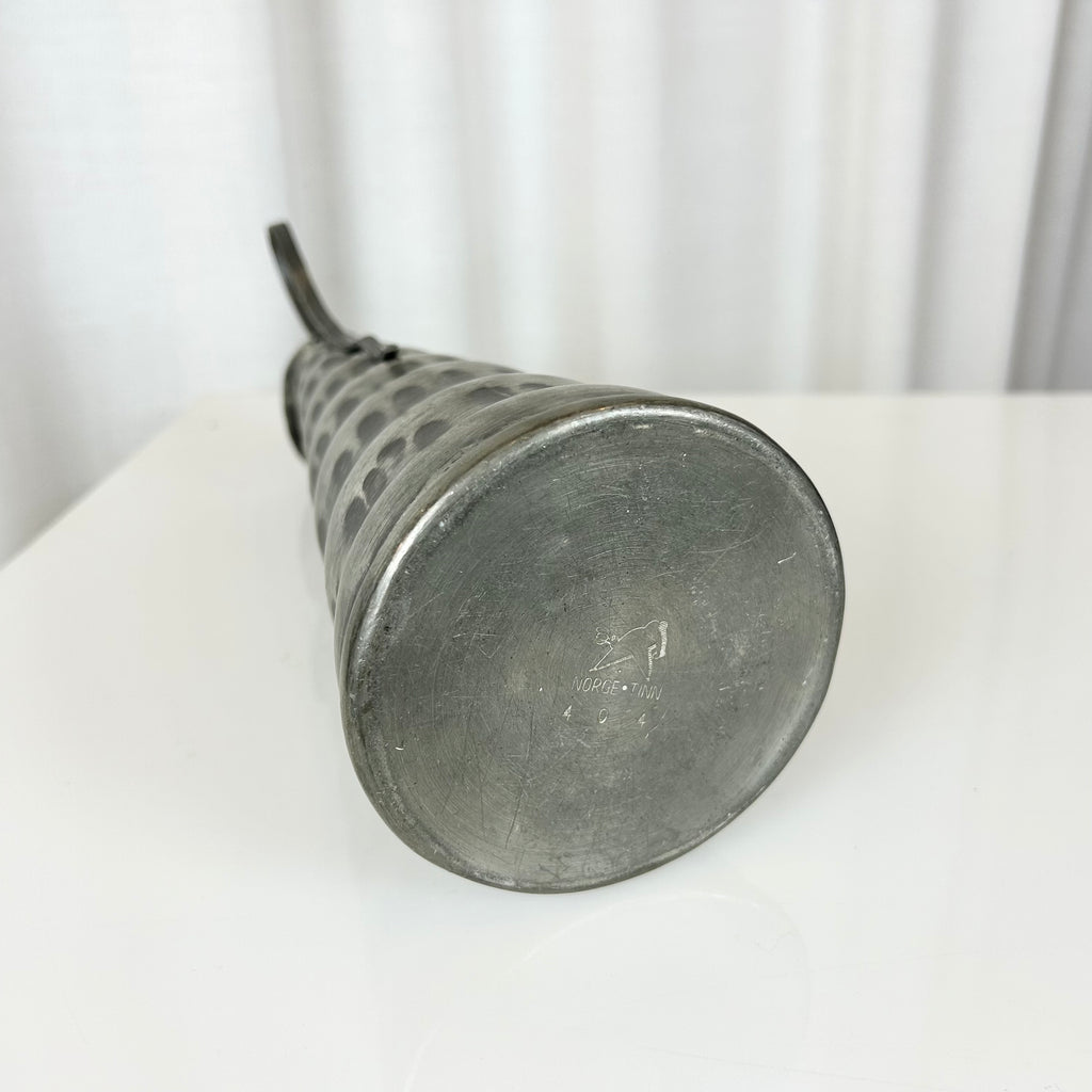 Norwegian pewter jug with hammered surface, conical shape and detachable lid, 29.5 cm tall