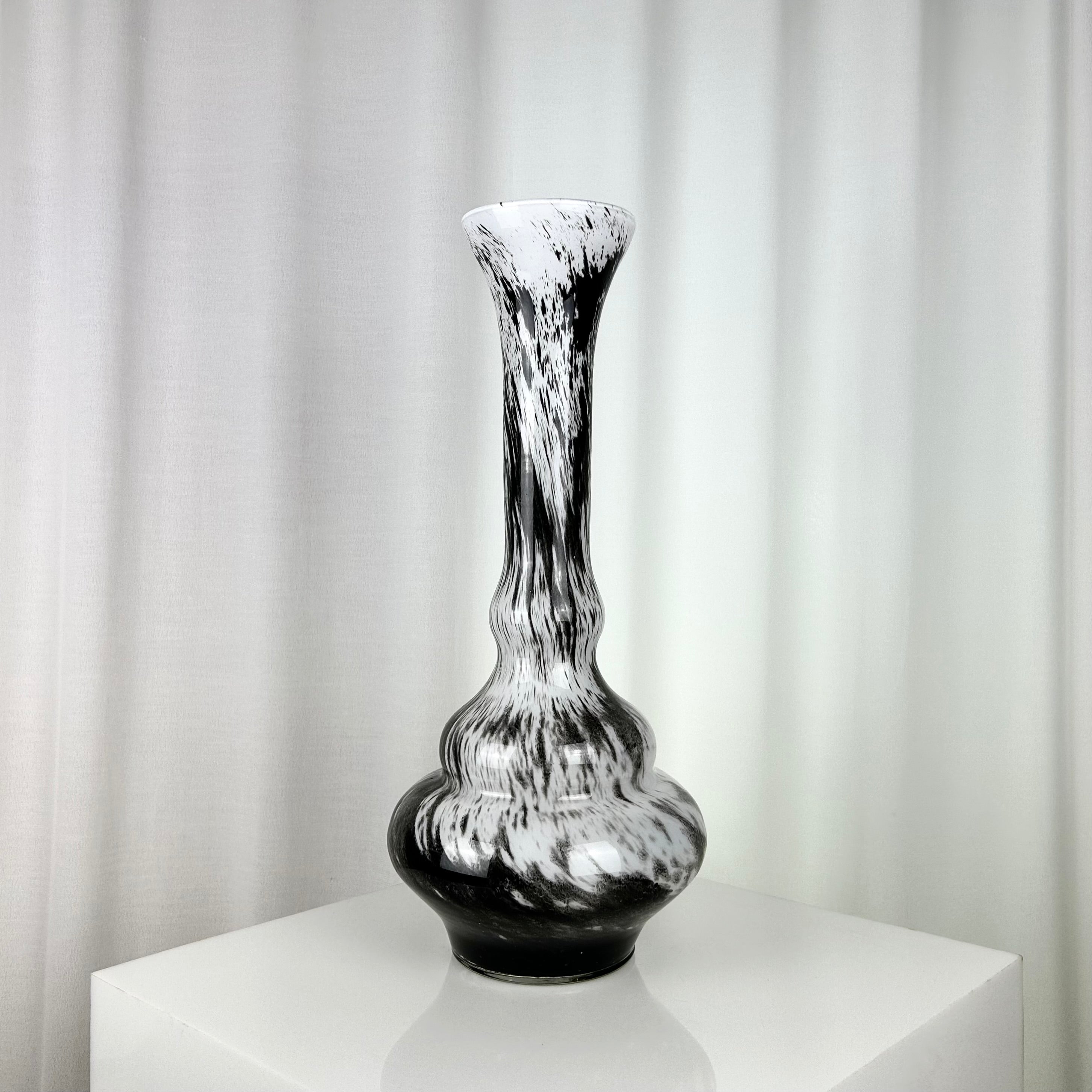 Tall vintage sculptural glass vase in black and white, 1970s