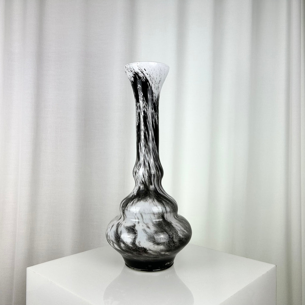 Tall vintage sculptural glass vase in black and white, 1970s