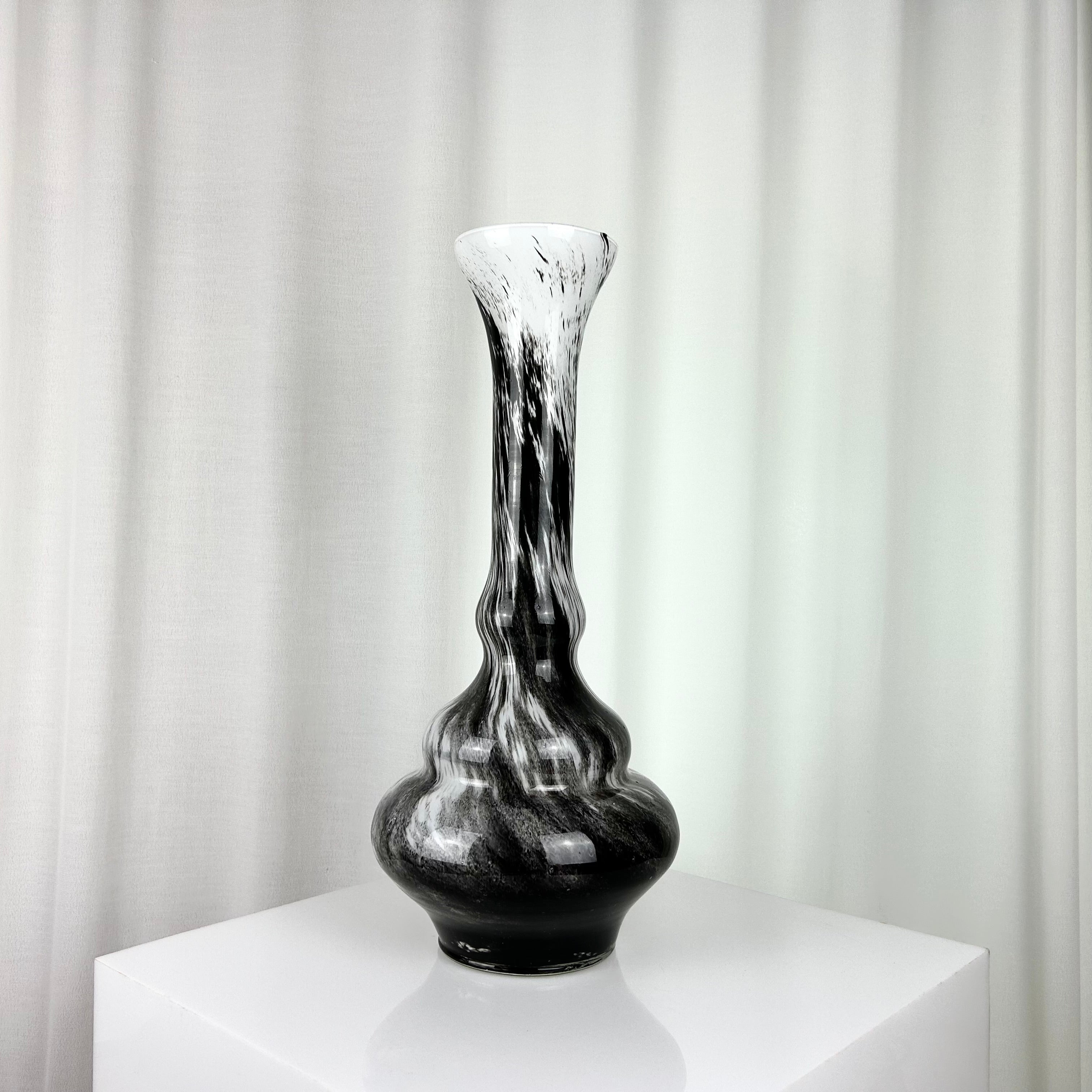 Tall vintage sculptural glass vase in black and white, 1970s